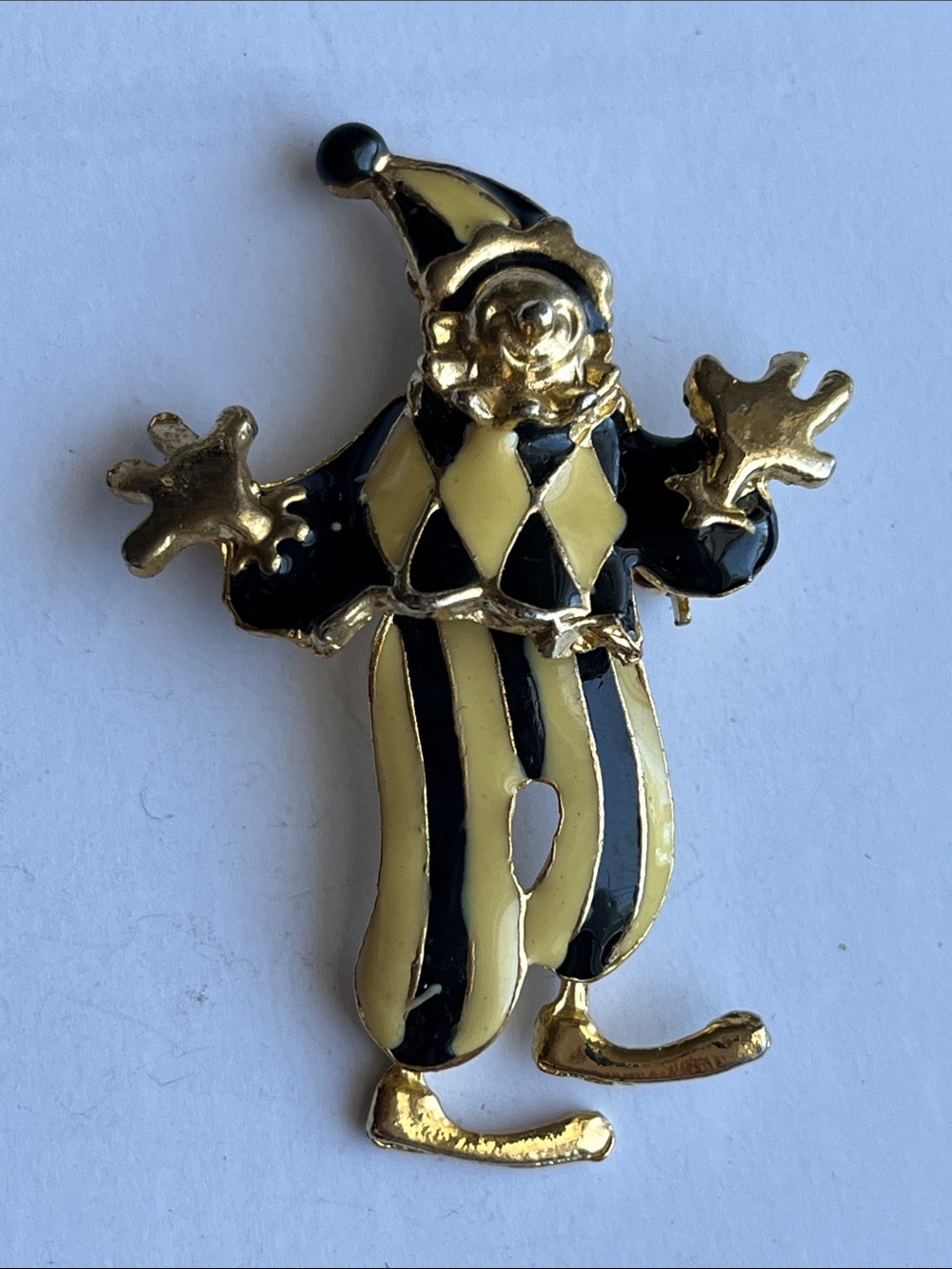 Gold Tone Black and Cream Clown Brooch - Elegant Harlequin Pin